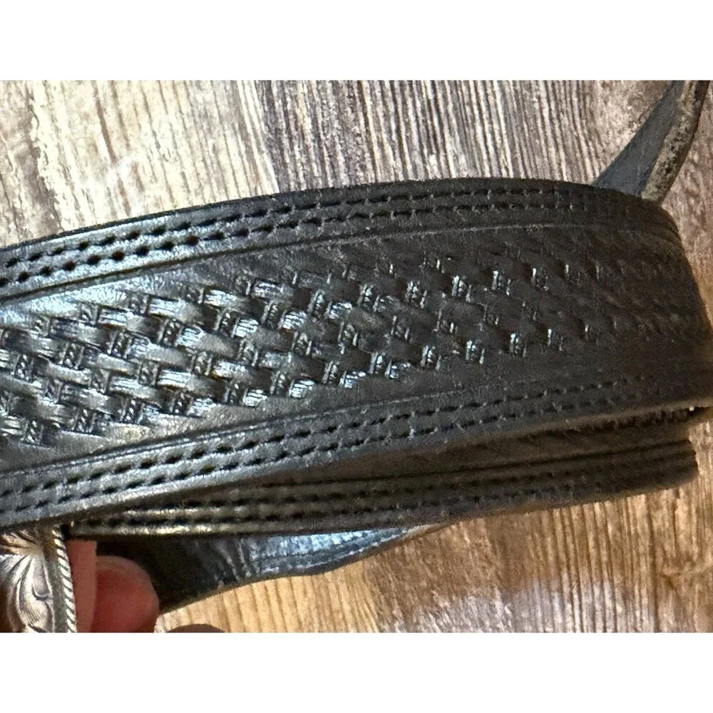 Vtg Vogt Black Leather Western Belt 46 Basketweave Tooled Silver Engraved Buckle
